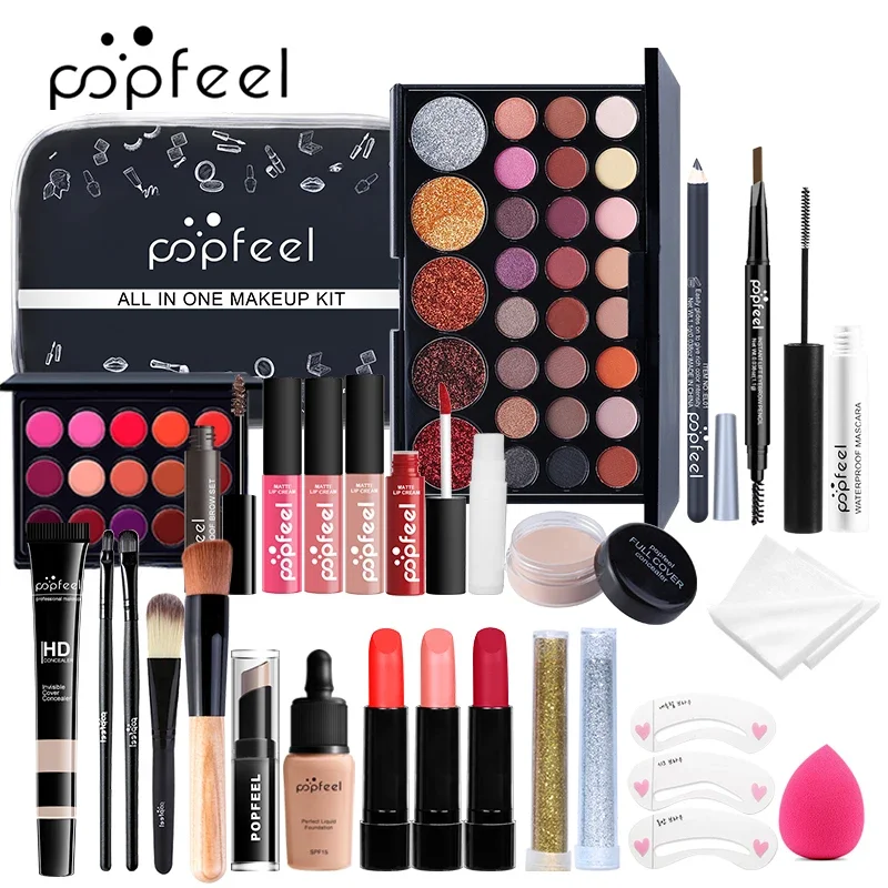 A complete makeup kit from popfeel, featuring eyeshadow palettes, lipsticks, mascara, eyebrow pencils, foundation, concealer, and more.