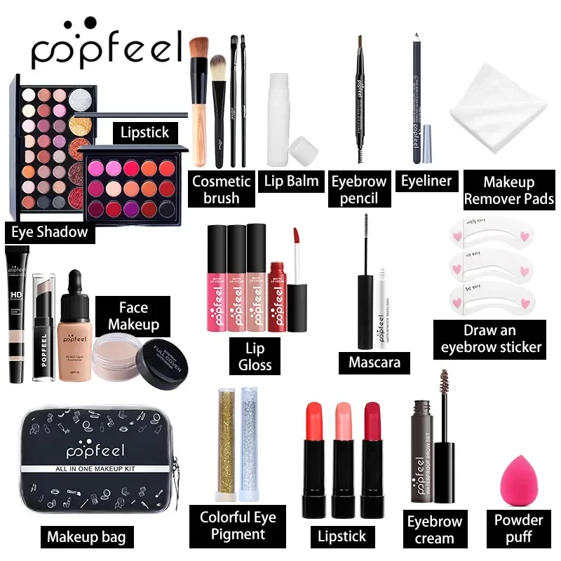 A complete makeup kit with various products, including eyeshadow, lipstick, lip gloss, mascara, eyeliner, eyebrow pencil, eyebrow cream, powder puff, makeup remover pads, and more.