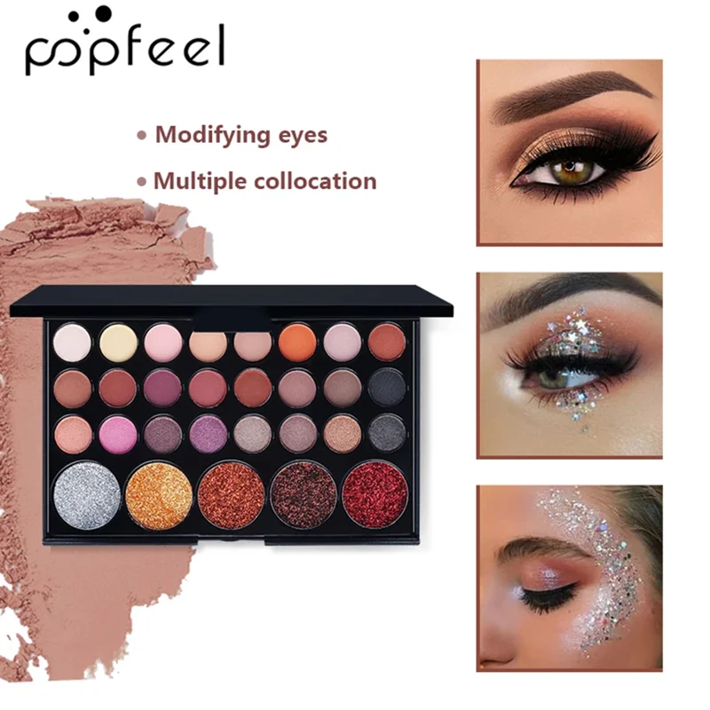 A popfeel eyeshadow palette with 20 different shades. The palette is black with a mirror. There are also three images of models wearing different eyeshadow looks created using the palette.