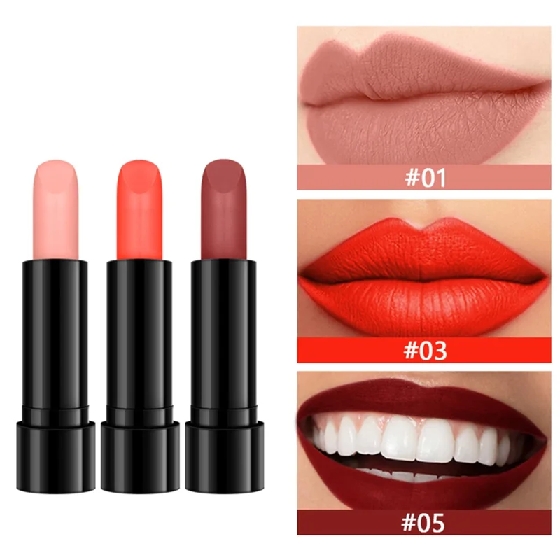 Three lipsticks in different shades of pink, orange, and red are shown next to swatches of each color on lips.