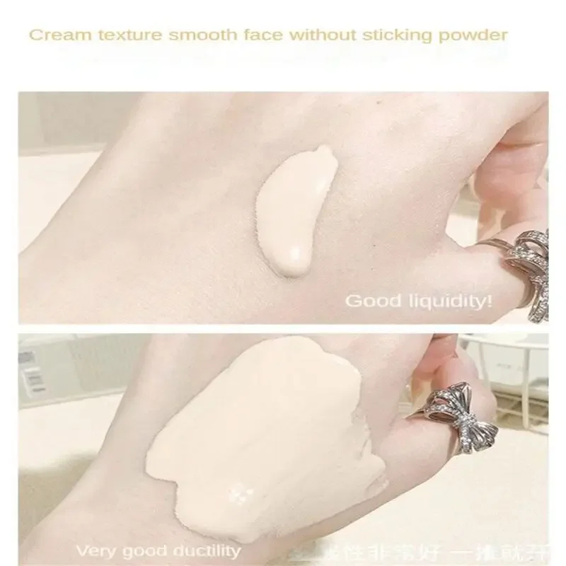 Close-up image showcasing the texture and application of a cream foundation. The images highlight the product's smooth, creamy consistency, its ability to blend easily, and its non-sticky nature.