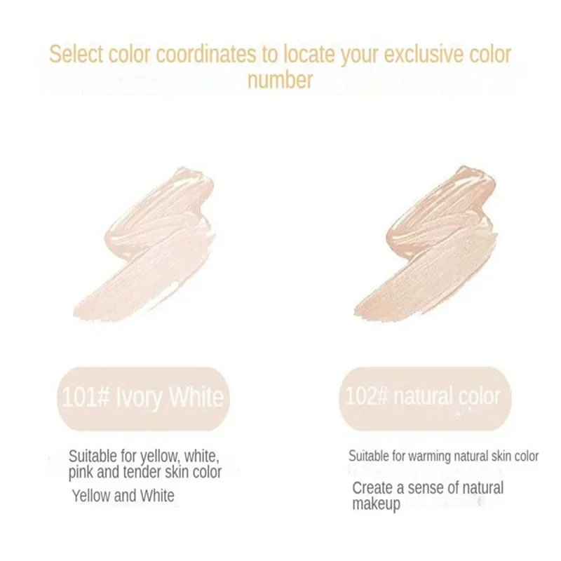 Two swatches of foundation, one labeled 101# Ivory White and the other 102# natural color, with descriptions of their suitability for different skin tones.