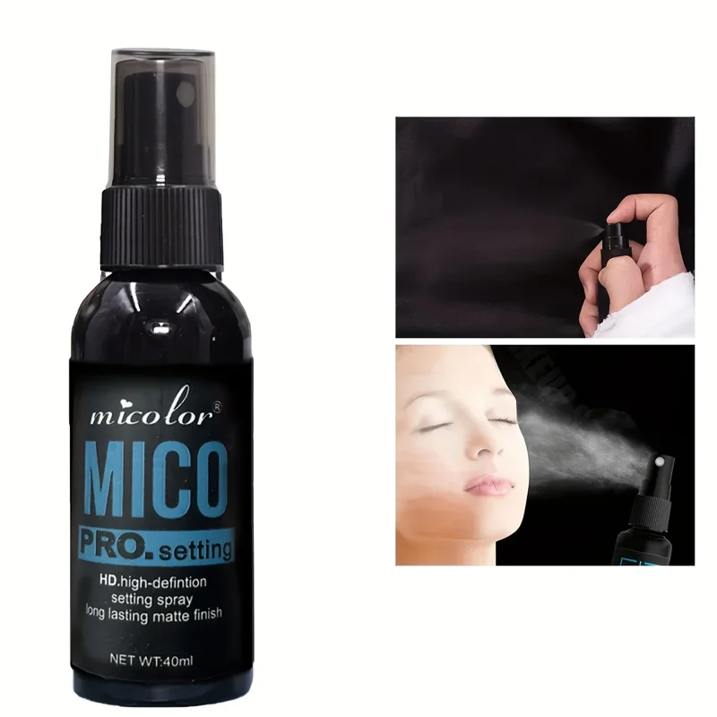A black bottle of MICO PRO.setting spray with a white label. The bottle is shown in the center of the image, with images of the spray being used on a person's face on either side. The label indicates that it is a high-definition setting spray with a long-lasting matte finish.