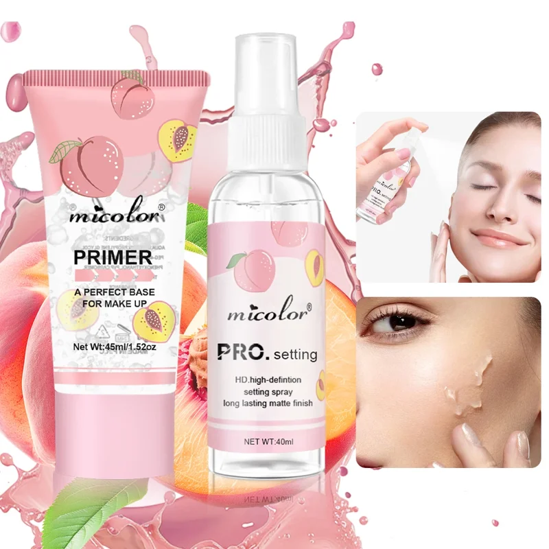 Peach-themed makeup primer and setting spray by micolor. The image shows the products, their packaging, and models using them.