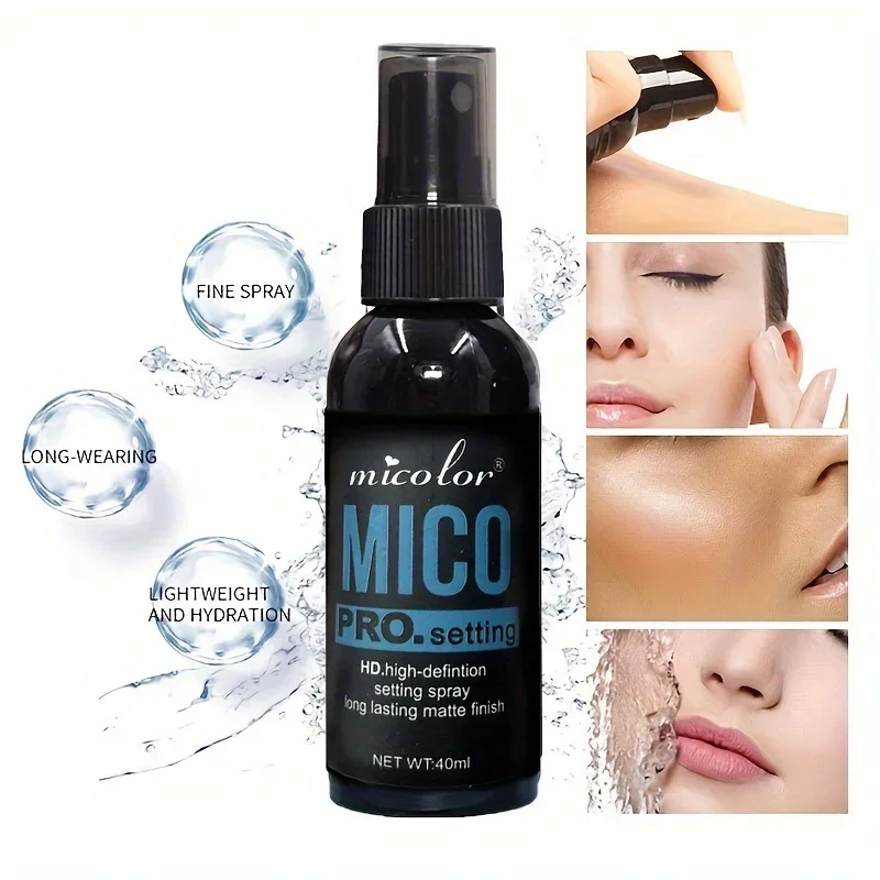 Mico Pro Setting Spray, a 40ml bottle of makeup setting spray with a fine mist for long-lasting matte finish. It's lightweight and hydrating, perfect for all skin types.