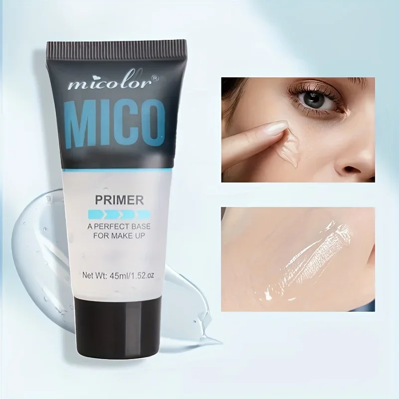 A tube of MICO primer sits in the center of the image. Smaller images to the right show the primer being applied to a person's face, demonstrating its texture and application.
