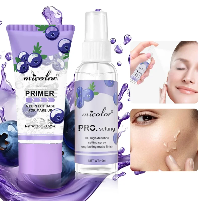 Micolor makeup primer and setting spray. The primer is in a purple tube and the setting spray is in a clear bottle with a purple label. Both products feature blueberries on the packaging. Close-up photos show the products being applied to a model's face.