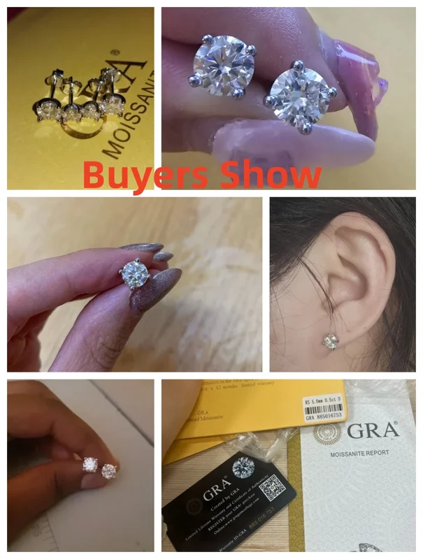 Close-up shot of a pair of moissanite earrings. The earrings are round brilliant-cut, set in white metal, and have a high level of sparkle. The image also includes a GRA certificate and some buyers' show photos.