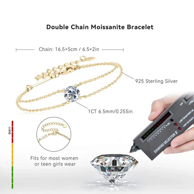 A gold double chain moissanite bracelet with a single 1CT 6.5mm moissanite stone. The bracelet is 16.5+5cm / 6.5+2in and is made of 925 Sterling Silver. It is shown with a diamond selector pen testing the moissanite.