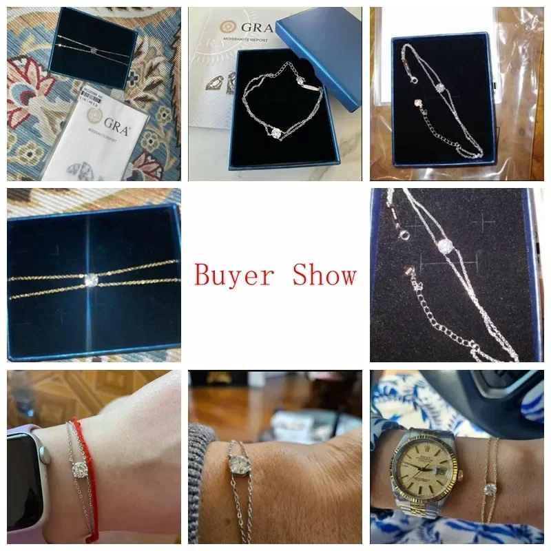 Customer photos of a delicate double-chain bracelet featuring a single, sparkling gemstone.