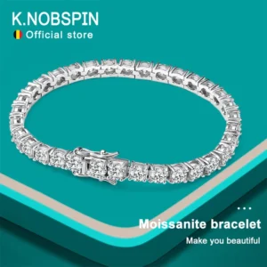 A stunning moissanite bracelet, sparkling with brilliance. The bracelet is set against a teal background, enhancing its elegance. The brand logo, K.NOBSPIN, is prominently displayed, along with the tagline 'Make you beautiful'.