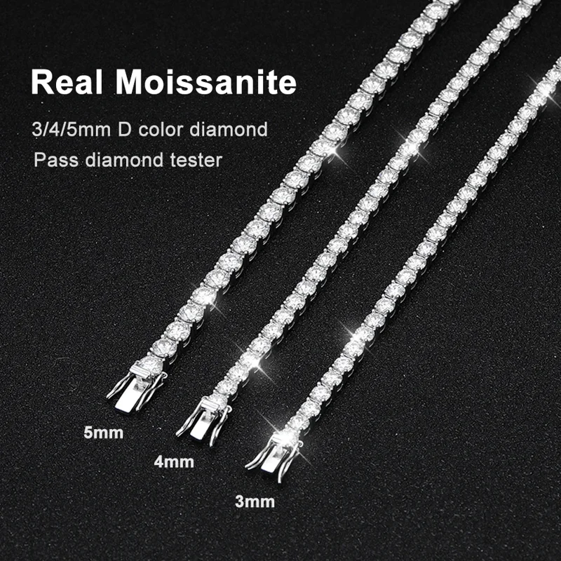 Three tennis bracelets made of real moissanite with 3mm, 4mm, and 5mm stones.