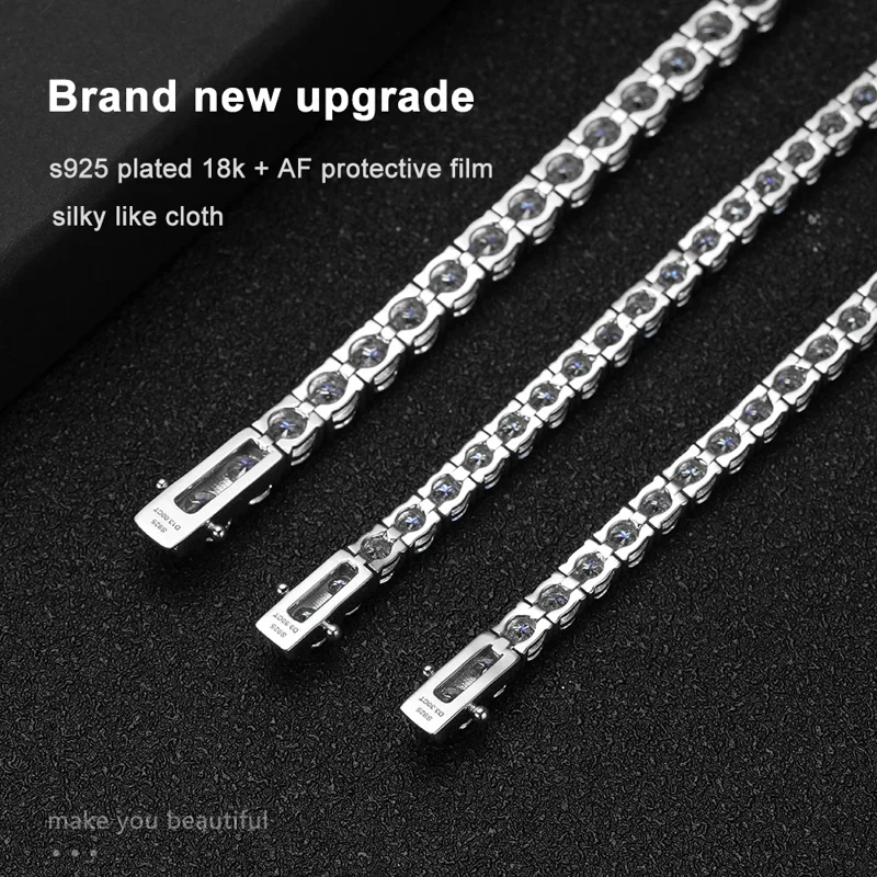 Three silver tennis bracelets with small, clear stones are shown on a dark background. Text overlay describes the bracelets as a brand new upgrade, made with s925 plated 18k + AF protective film, and having a silky like cloth feel. The text also says "make you beautiful."
