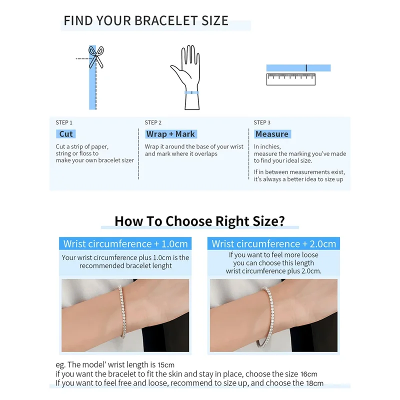 Infographic showing how to measure your wrist to determine your bracelet size. Includes diagrams and instructions.