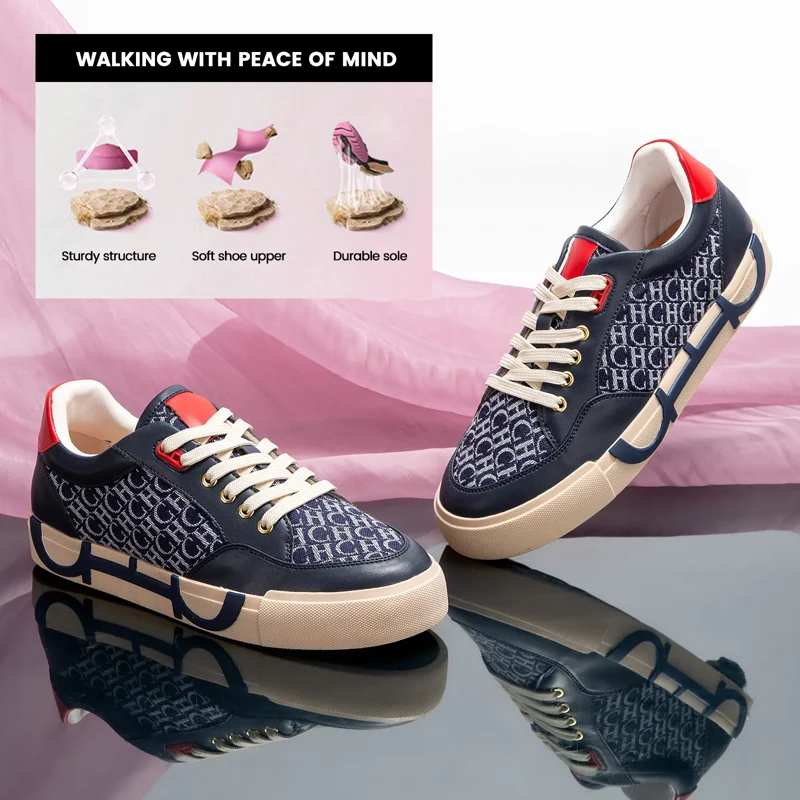 A pair of navy blue sneakers with a cream-colored sole and red accents. The shoes are shown on a pink background, and a close-up image shows the details of the shoe's construction. The image also includes text that highlights the comfort and durability of the shoes.