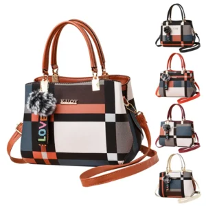 Five different colored handbags with a plaid pattern and a small pom-pom charm.
