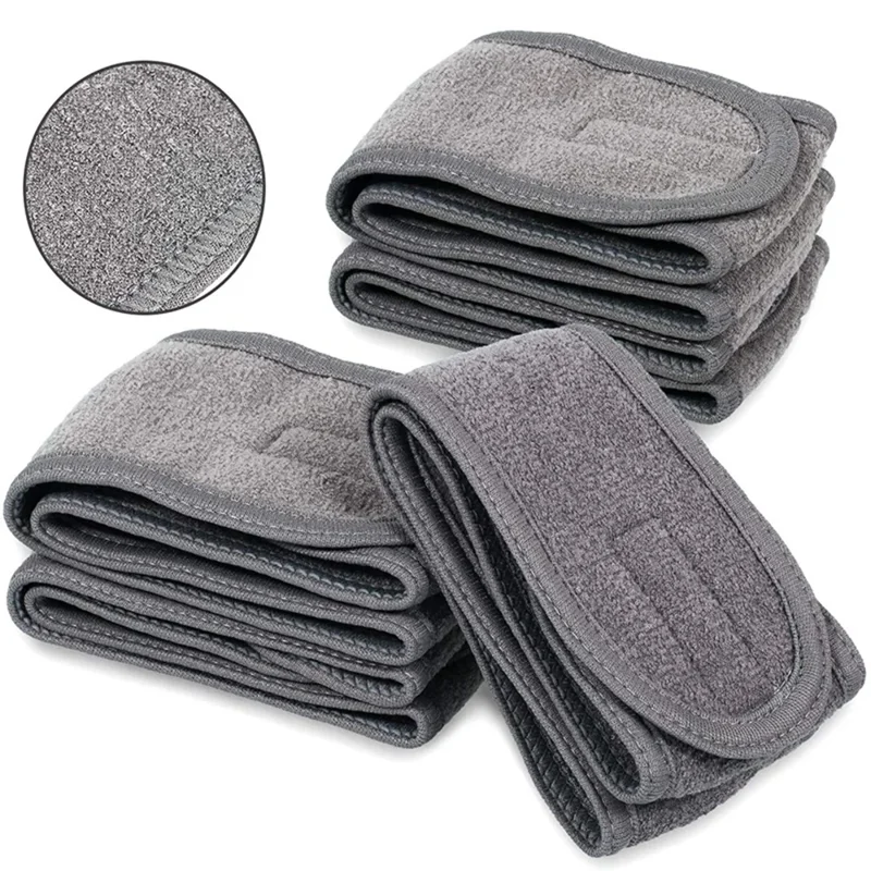 Two stacks of gray terry cloth headbands. Close-up shows the texture of the fabric.