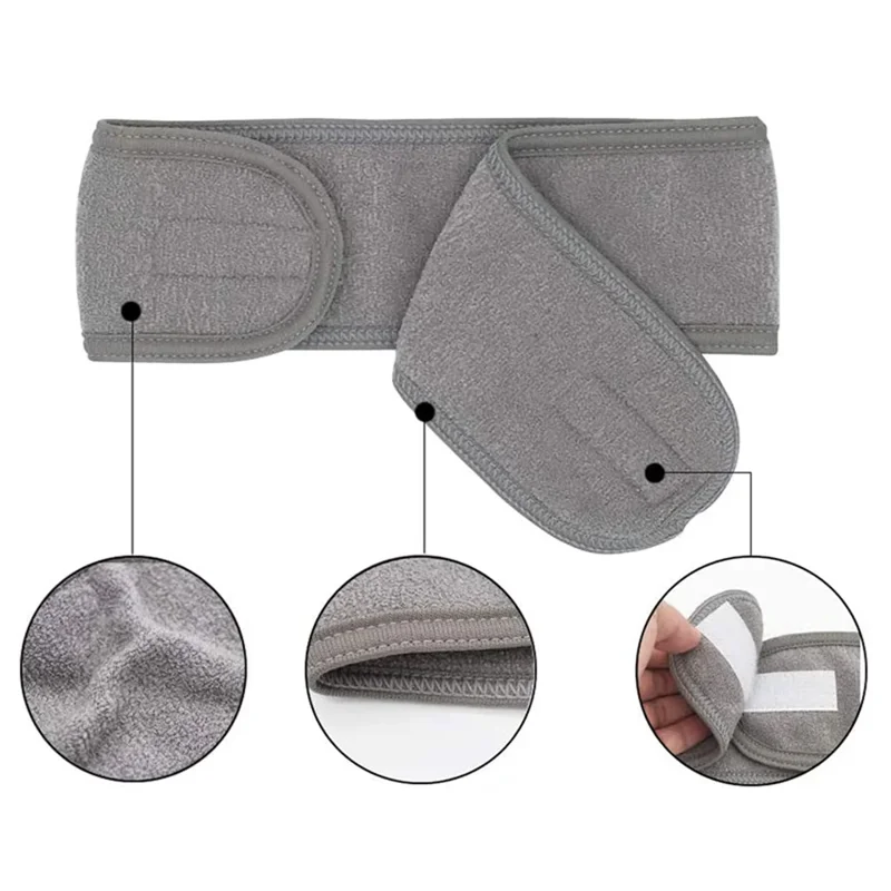 Close-up of a gray fabric headband with detailed images of its texture and stitching.