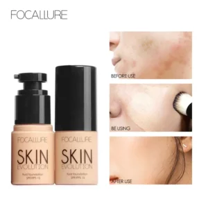 Before and after photos showcasing the Focalurre Skin Evolution fluid foundation. The before photo shows skin with blemishes. The during photo shows the foundation being applied with a brush. The after photo shows flawless, even-toned skin.