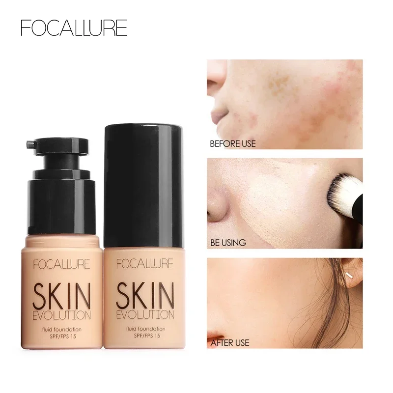 Before and after photos of a person using FOCALLURE Skin Evolution fluid foundation. The images show the product's effectiveness in covering blemishes and evening out skin tone.