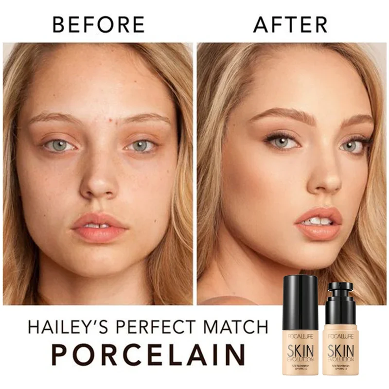Before and after photos of a woman's face using a porcelain foundation. The before photo shows her bare face with some blemishes, and the after photo shows her flawless complexion after applying makeup.