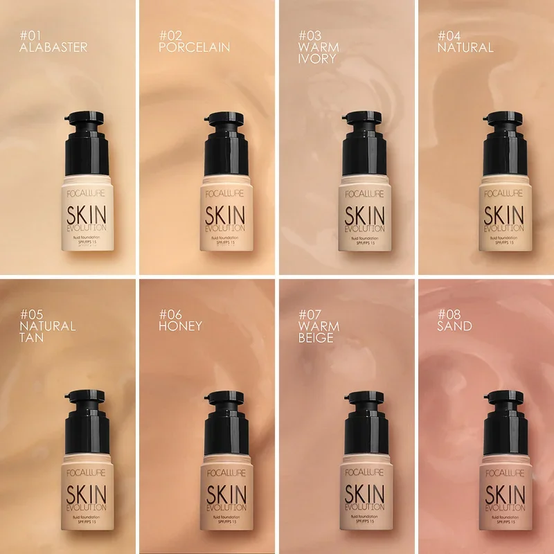 Eight bottles of FOCALLURE SKIN EVOLUTION fluid foundation in various shades are displayed against matching backgrounds. Each bottle is labeled with its shade number and name.