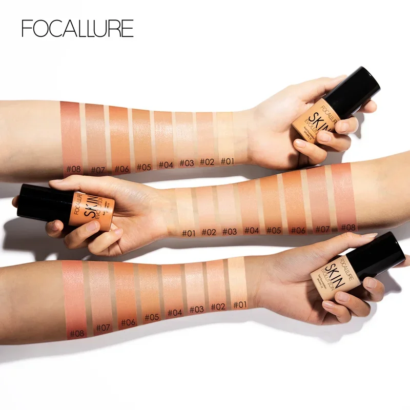 FOCALLURE Skin Evolution Foundation shades swatches on different skin tones.