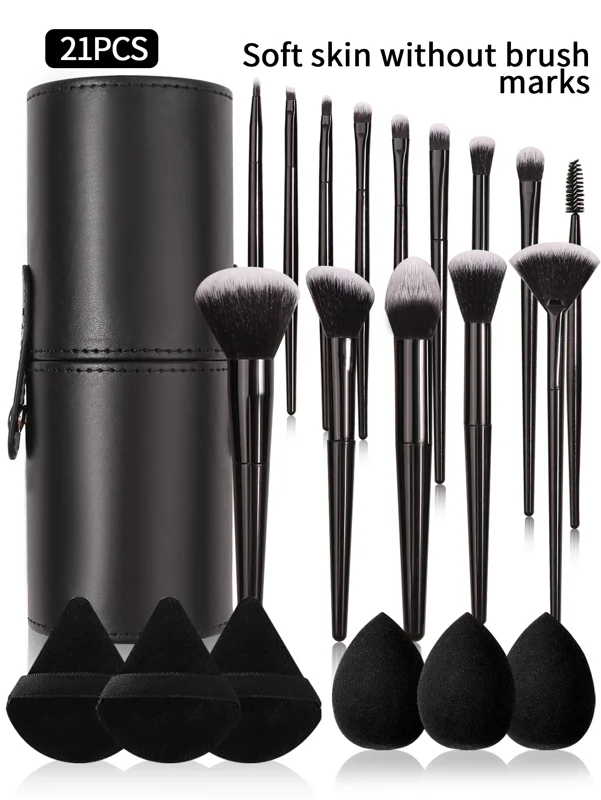 21-piece makeup brush set with black leather case and sponge applicators