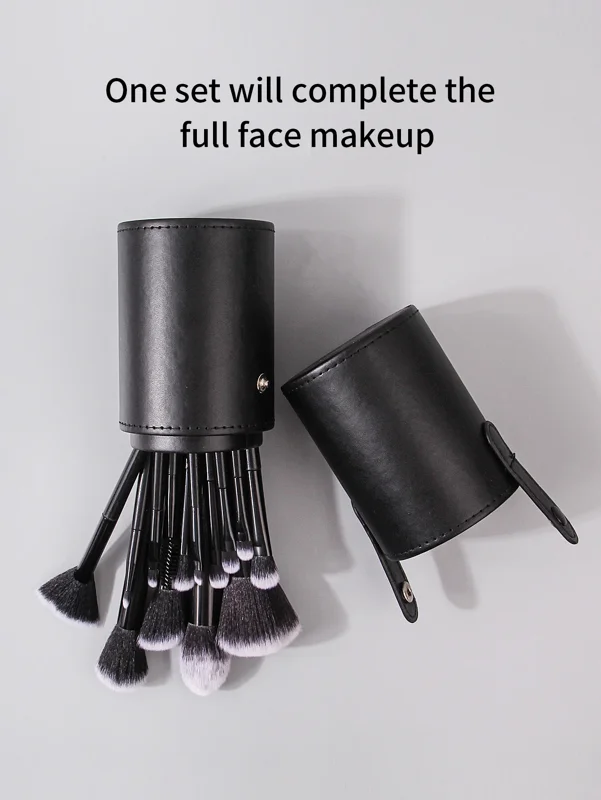 A set of black makeup brushes in a black leather case. The text 'One set will complete the full face makeup' is displayed above the image.