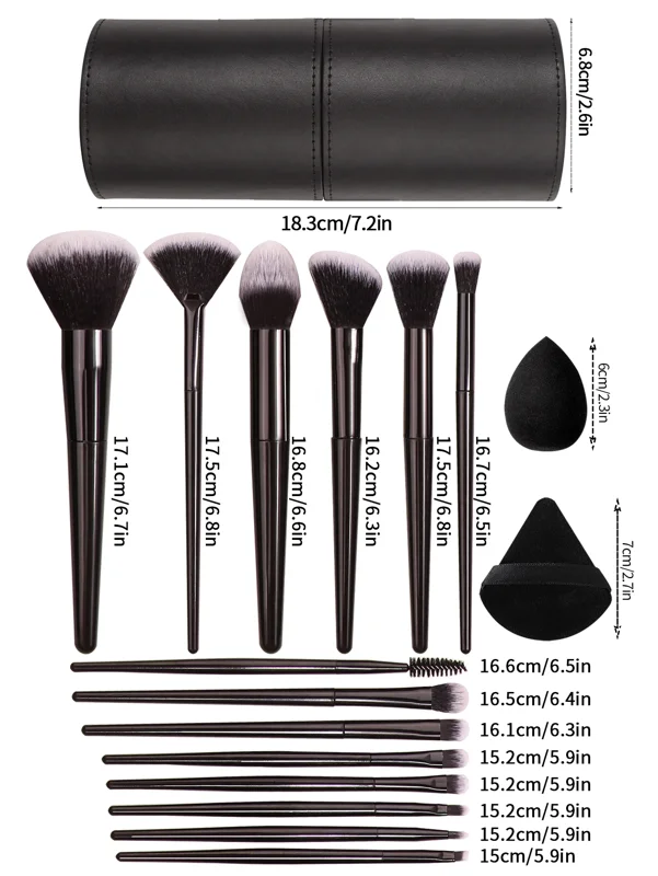 A set of makeup brushes and sponges in a black case. The brushes are various sizes and shapes, and the sponges are different shapes as well. Measurements are included for each item.