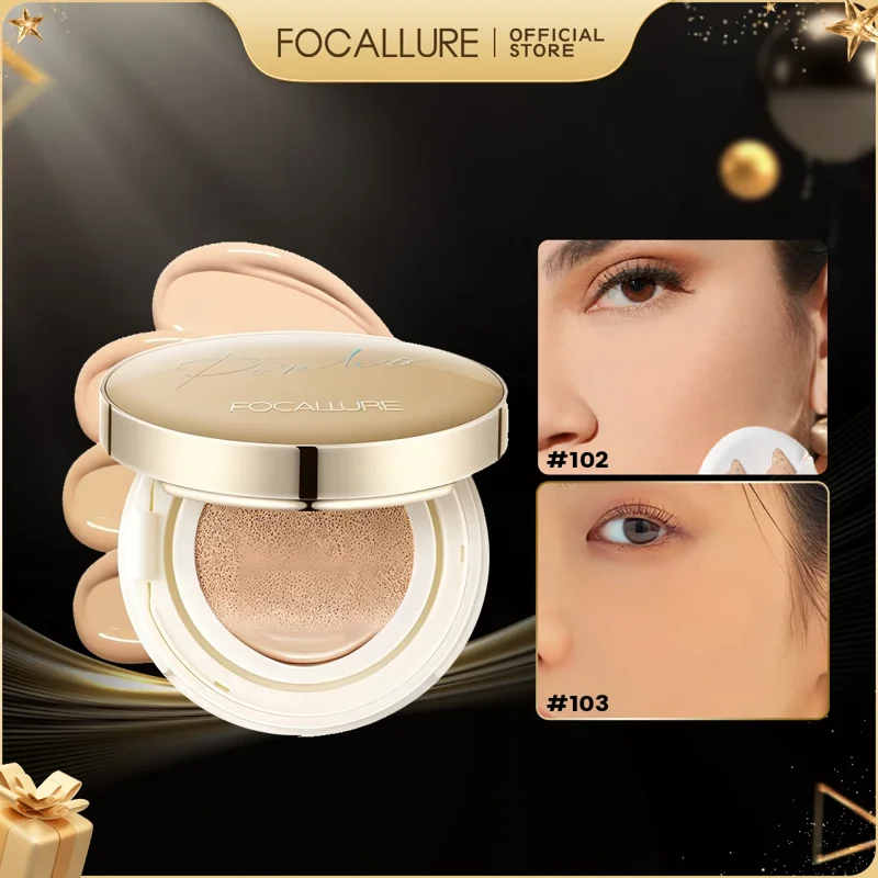 A cushion foundation compact in a gold and white case. The product is shown with two swatches of the foundation on models' faces.