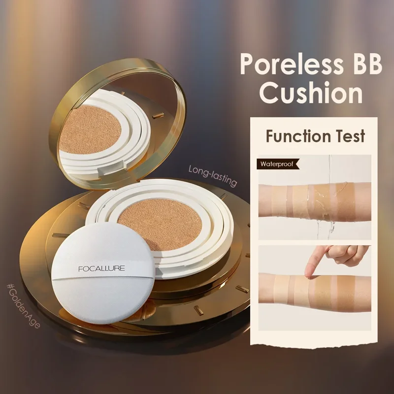 A gold and white poreless BB cushion compact is shown open with a puff. Two images show a person's arm with swatches of foundation, testing the product's waterproof and long-lasting qualities.