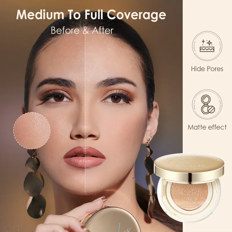 Before and after image of a woman's face using a cushion foundation. The before image shows noticeable pores and uneven skin tone. The after image shows flawless, even-toned skin with minimal pores. The product is a FOCALLURE cushion foundation. The image also highlights the product's ability to hide pores and provide a matte effect.