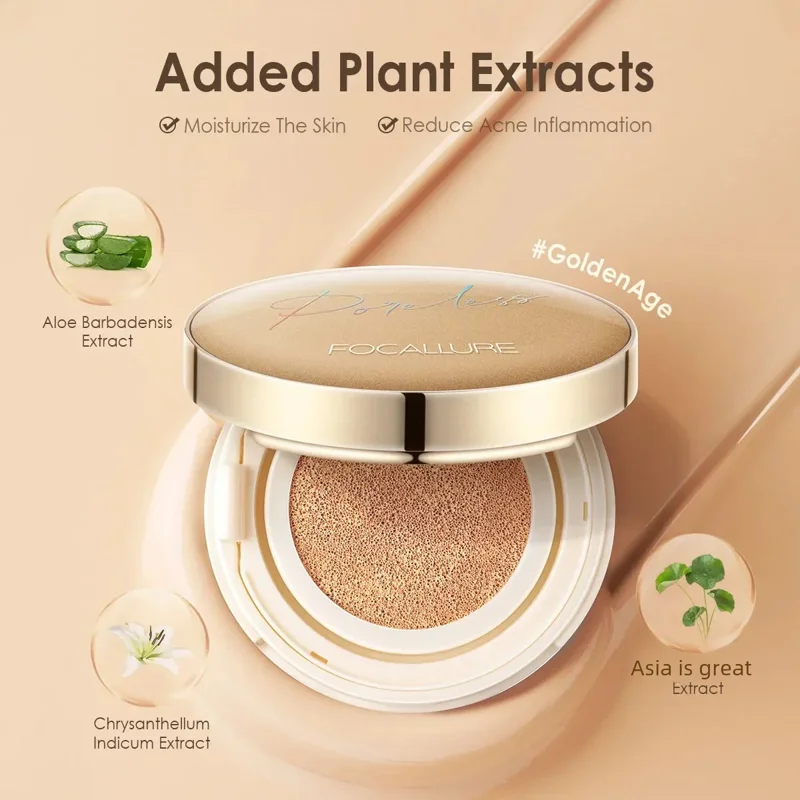 Close-up of a FOCALLURE Poreless Cushion Foundation compact, highlighting its gold and white packaging and the inclusion of plant extracts like aloe vera, chrysanthemum indicum, and centella asiatica. The image emphasizes the product's moisturizing and acne-reducing properties.