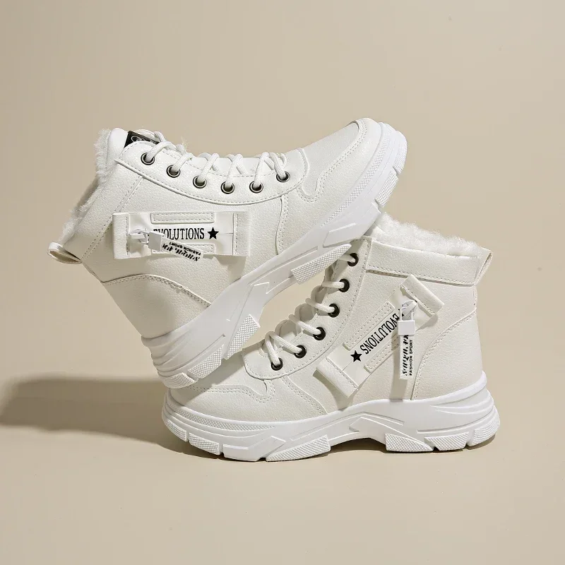 A pair of white high-top sneakers with chunky soles and fur lining. The shoes have a star and text on the side.