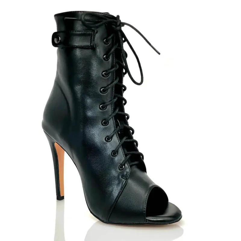 A black peep-toe lace-up stiletto boot with a high heel is shown against a white background.
