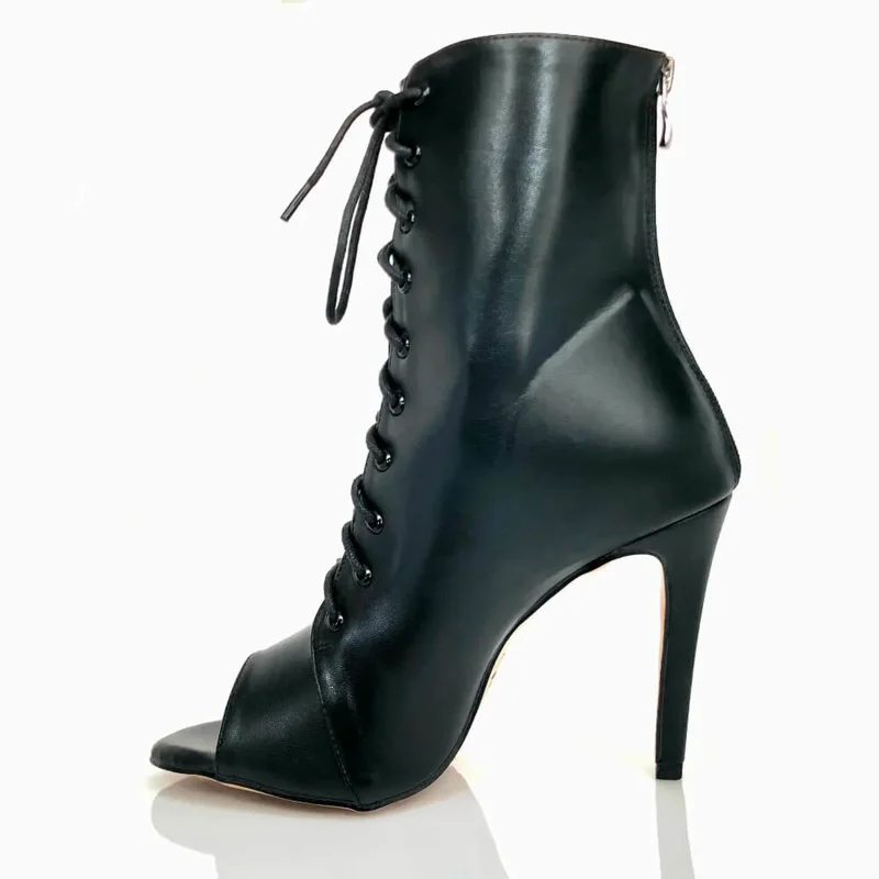 A black peep-toe stiletto boot with laces up the front and a zipper on the back.