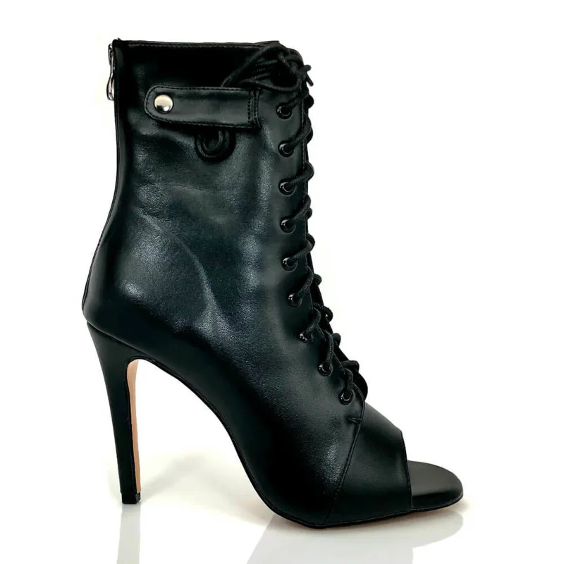 Black peep-toe lace-up stiletto heel boot
