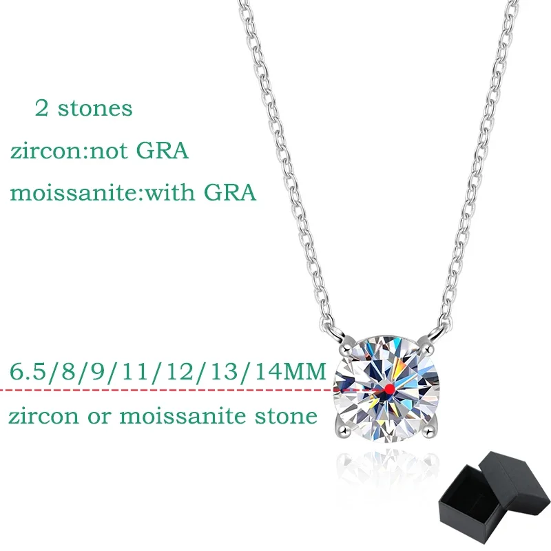 A silver necklace with a single, large, round gemstone pendant. The stone is either a zircon or a moissanite, and is available in various sizes (6.5mm to 14mm). The necklace comes in a small black box.