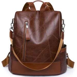 A brown leather backpack with a flap closure and multiple pockets. The backpack is made of high-quality leather and has a stylish design.
