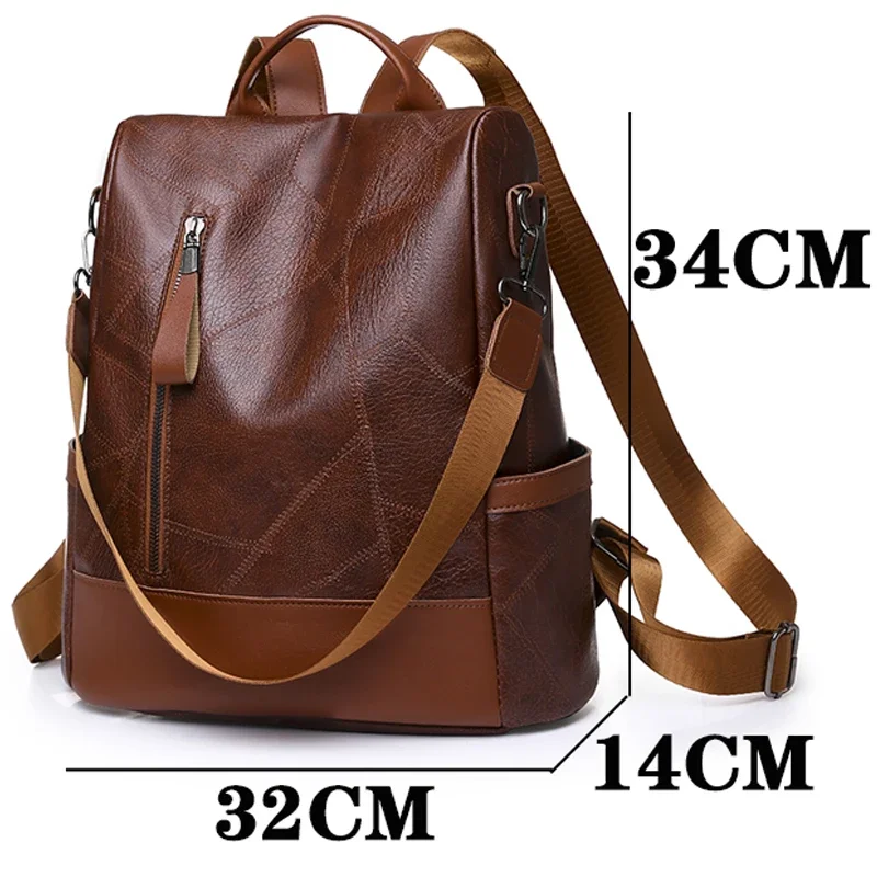 Brown leather backpack with dimensions shown.