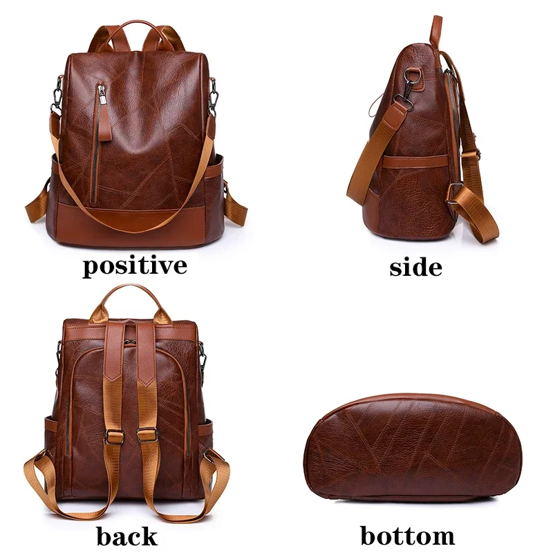 Four images showing a brown leather backpack from different angles: front, side, back, and bottom.